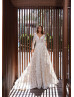 Long Sleeve Beaded Ivory Lace Cathedral Wedding Dress